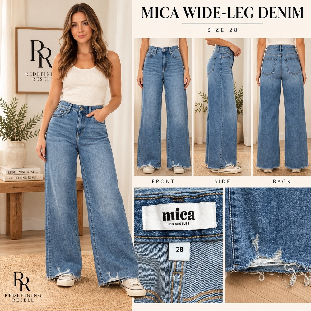 Mica Los Angeles Womens Wide Leg Distressed Raw Hem Jeans Blue Size 28 MDP-W3540